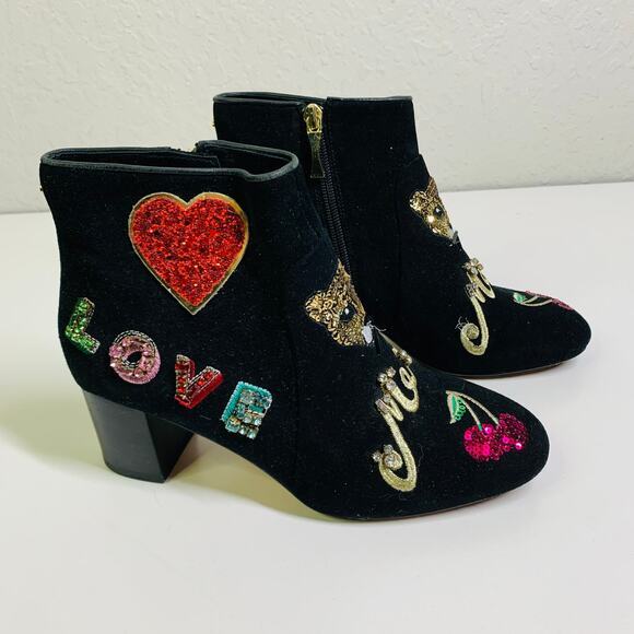 KATE SPADE Boots Liverpool Suede Ankle Love Cat Meow Cherry Sequin Embellished - Picture 5 of 11